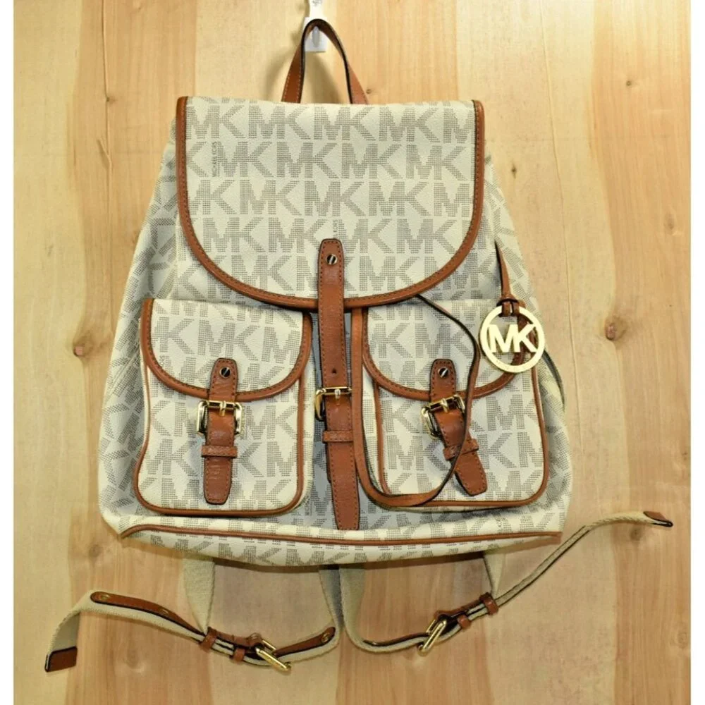 Michael Michael Kors Monogram Drawstrings Backpack Beige/Brown Bag Vintage - Picture 1 of 16